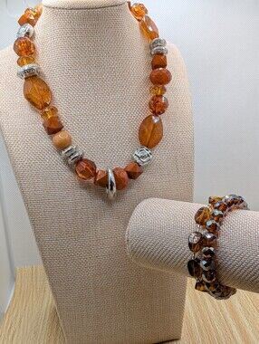 Chunky Warm Amber Beaded Necklace And Bracelet Set